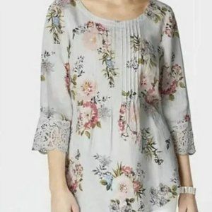 J. Jill Love Linen Floral, Blue Birds Top L 3/4 Sleeves Lace Cuffs Micro Pleats